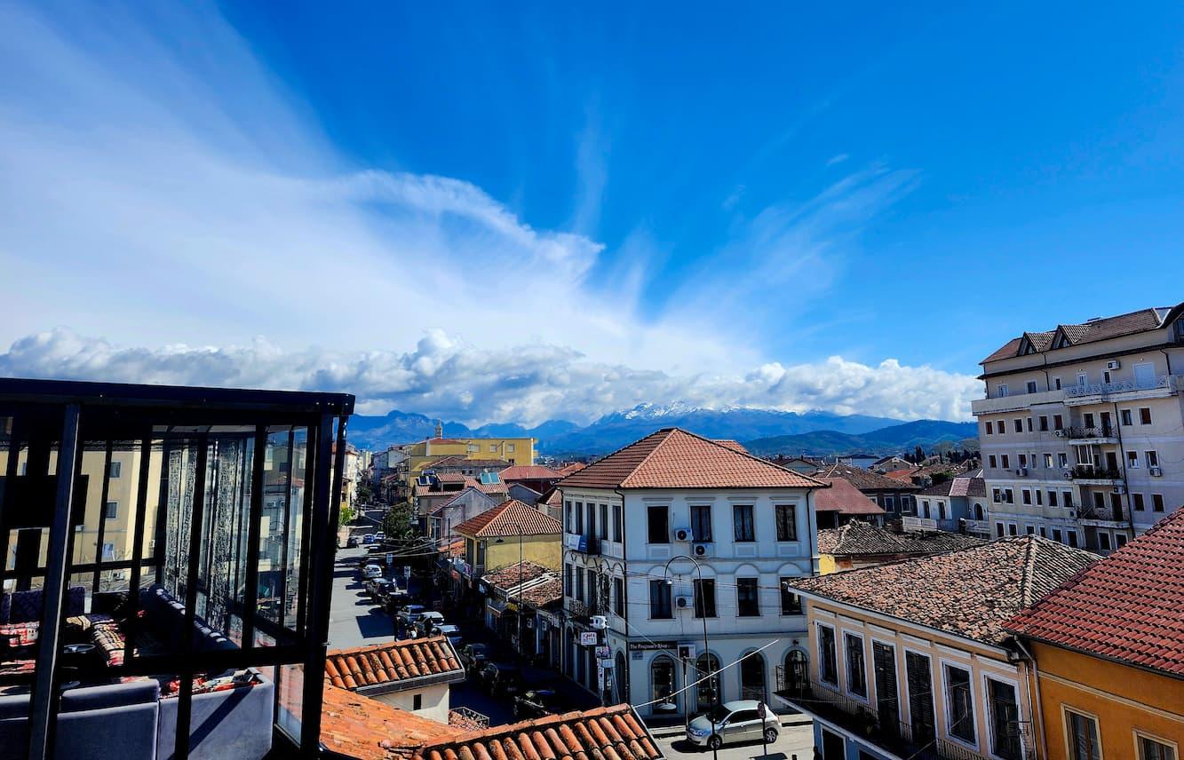 Daytime view from the best hostel rooftop in Shkoder