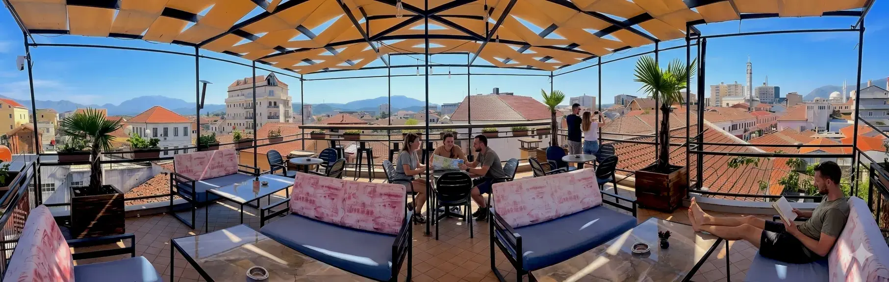 A visual tour of the hostel and rooftop.