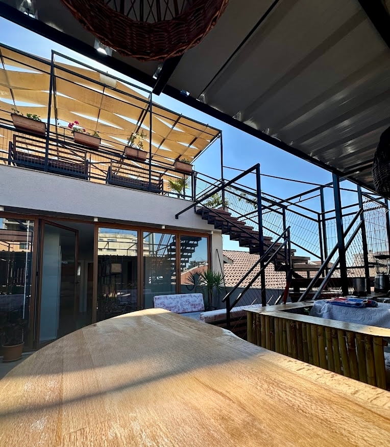 Patio seating at Scodrinon Hostel